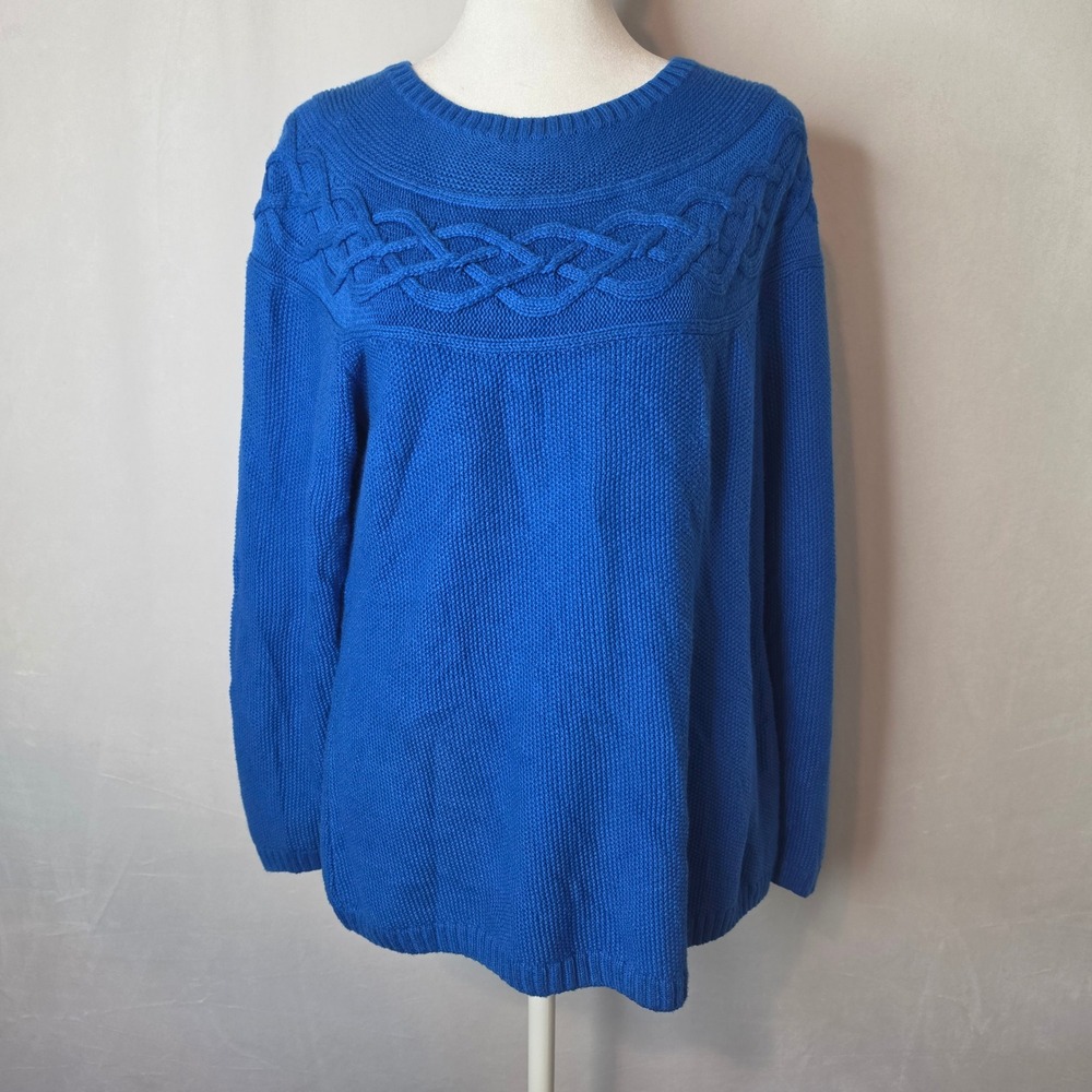 Talbots Petite Cashmere Blend Royal Blue Cable Knit Yoke Crew Neck Sweater MP - Picture 1 of 7